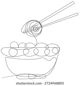 Dibujo continuo de una línea de tazón y fideos con palillos. Palillos y tazón en una sola línea de Ilustración vectorial. Trazo editable.