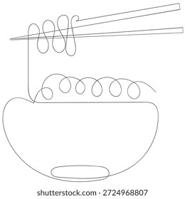 Dibujo continuo de una línea de tazón y fideos con palillos. Palillos y tazón en una sola línea de Ilustración vectorial. Trazo editable.