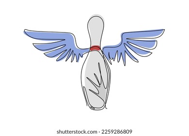 Continuous one line drawing bowling pin with wings sign icon. White bowling target on white background. Night bright advertisement. Sport and leisure activity. Single line draw design vector graphic