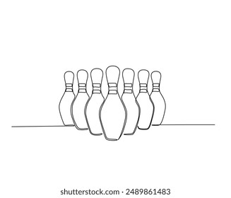 Continuous one line drawing of bowling pins. Bowling sport game simple outline illustration. Editable line vector