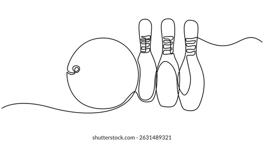 Continuous one line drawing of bowling ball sports. Bowling sport game simple outline illustration. Editable line vector, Single one line drawing bowling ball and pins. Sports equipment. Bowling sport