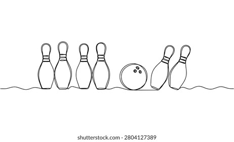 continuous one line drawing of bowling pins and bowling ball minimalist line art illustration symbolizing bowling sport strike competition recreation indoor game and athletic performance