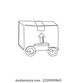 Continuous one line drawing of box on wheels. Online shopping and delivery concept. Simple vector illustration