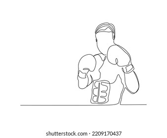 Continuous One Line Drawing Of Boxer Man Wearing Boxing Gloves. Boxer Or Fighter Make A Beat Punch Line Art Drawing Vector Illustration. 