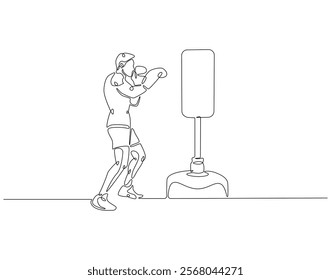 Continuous one line drawing of boxer hit punching bag. One line drawing illustration of boxer hitting heavy bag. Boxing, gym, training concept line art. Editable outline
