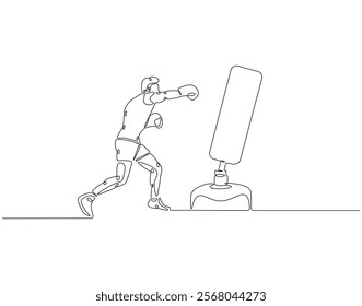 Continuous one line drawing of boxer hit punching bag. One line drawing illustration of boxer hitting heavy bag. Boxing, gym, training concept line art. Editable outline
