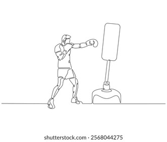 Continuous one line drawing of boxer hit punching bag. One line drawing illustration of boxer hitting heavy bag. Boxing, gym, training concept line art. Editable outline
