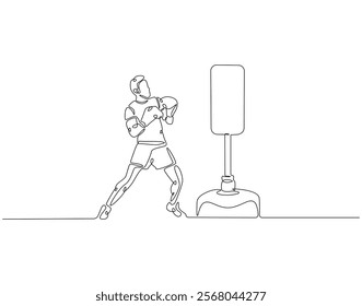 Continuous one line drawing of boxer hit punching bag. One line drawing illustration of boxer hitting heavy bag. Boxing, gym, training concept line art. Editable outline
