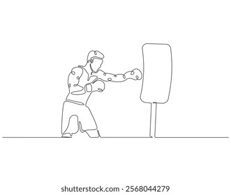 Continuous one line drawing of boxer hit punching bag. One line drawing illustration of boxer hitting heavy bag. Boxing, gym, training concept line art. Editable outline
