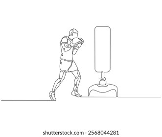 Continuous one line drawing of boxer hit punching bag. One line drawing illustration of boxer hitting heavy bag. Boxing, gym, training concept line art. Editable outline
