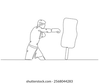 Continuous one line drawing of boxer hit punching bag. One line drawing illustration of boxer hitting heavy bag. Boxing, gym, training concept line art. Editable outline
