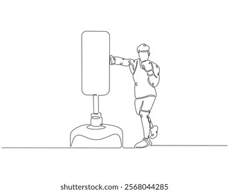 Continuous one line drawing of boxer hit punching bag. One line drawing illustration of boxer hitting heavy bag. Boxing, gym, training concept line art. Editable outline
