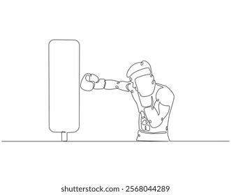 Continuous one line drawing of boxer hit punching bag. One line drawing illustration of boxer hitting heavy bag. Boxing, gym, training concept line art. Editable outline
