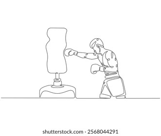 Continuous one line drawing of boxer hit punching bag. One line drawing illustration of boxer hitting heavy bag. Boxing, gym, training concept line art. Editable outline
