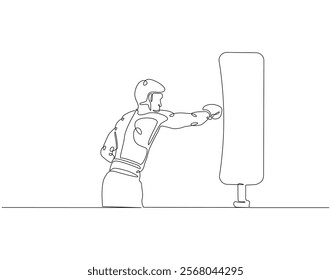 Continuous one line drawing of boxer hit punching bag. One line drawing illustration of boxer hitting heavy bag. Boxing, gym, training concept line art. Editable outline
