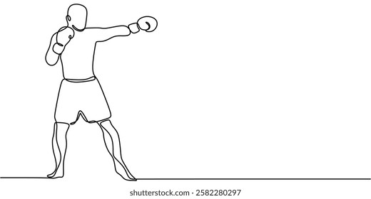 Continuous one line drawing of a boxer delivering a powerful punch. Symbol of resilience, courage, and boxing competition. Vector illustration hand drawn.