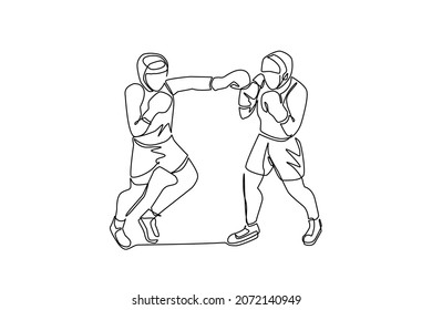 Continuous one line drawing boxers fighting on ring, opponents in shorts and gloves fight on arena with spotlights and ropes. Competition. Dangerous sport. Single line draw design vector illustration