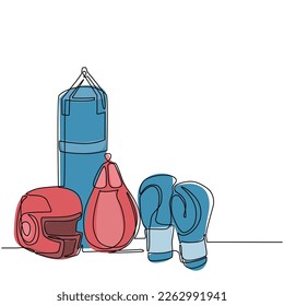 Casco de boxeo continuo de dibujo de una línea y guantes. Artículos deportivos, defensa y equipo. Club de boxeo. Gimnasio para hacer ejercicio. Evento de kickboxing. Práctica de lucha. Gráfico vectorial de diseño de trazos de línea única