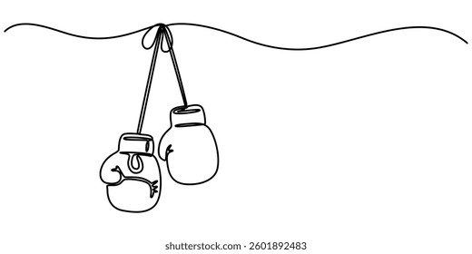 Continuous one line drawing of boxing gloves, Boxing gloves illustration with line style design. Boxing glove in one continuous single line art drawing style isolated on white background, pro vector. 
