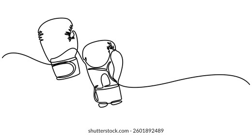 Continuous one line drawing of boxing gloves, Boxing gloves illustration with line style design. Boxing glove in one continuous single line art drawing style isolated on white background, pro vector. 