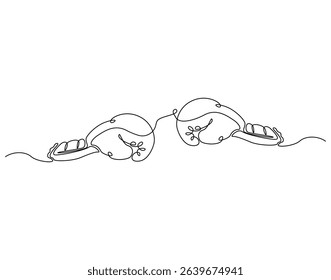 Continuous one line drawing of boxing gloves. One line drawing illustration of boxer equipment. Hand protection, fight training concept single line. Editable outline
