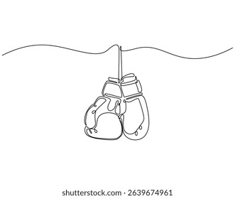 Continuous one line drawing of boxing gloves. One line drawing illustration of boxer equipment. Hand protection, fight training concept single line. Editable outline