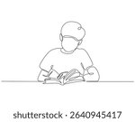 Continuous one line drawing of boy reading book. One line drawing illustration of kid read book. Studying, learning, knowledge concept single line. Editable outline