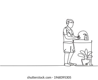 Kontinuierlich eine Linie zeichnen ein Junge wäscht seine Hände in die Spüle, gibt es einen Seifenspender am Wasserhahn und es gibt einen Topf von Pflanzen unter dem Waschbecken. Vektorgrafik-Illustration mit Einzelzeilenzeichnung