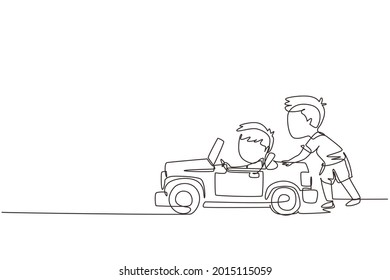 Continuous one line drawing a boy is pushing his friend's car in the road. Kids play with big toy car together. Sibling having fun with at backyard. Single line draw design vector graphic illustration