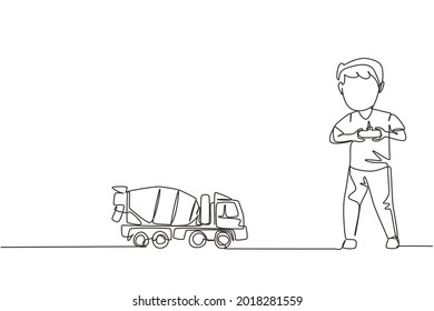 Continuous one line drawing boy playing with remote-controlled mixer truck toy. Cute kids playing with electronic toy mixer truck with remote control in hands. Single line draw design vector graphic