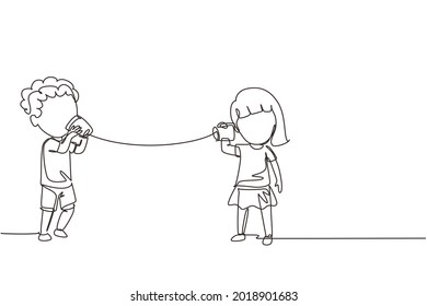 Continuous One Line Drawing Boy And Girl Play Toy Phone. Two Friends Playing In Phone With Self Made Speech Transmitting Device, Kids Have Fun Speaking. Single Line Design Vector Graphic Illustration