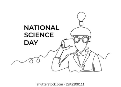 Continuous one line drawing boy student experiment string phone. Science day concept. Single line draw design vector graphic illustration. 