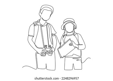 Continuous one line drawing boy and girl hiking in the woods. Hangouts With Friends concept. Single line draw design vector graphic illustration.