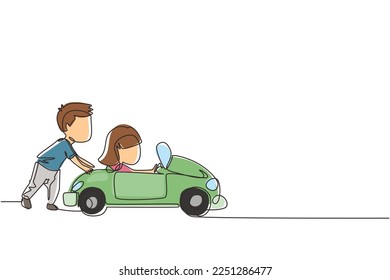 Continuous one line drawing a boy is pushing his friend's car in the road. Boy and girl play with big toy car together. Kids having fun with at backyard. Single line design vector graphic illustration