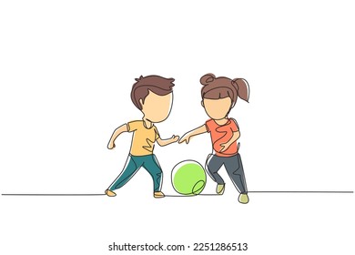 Continuous one line drawing boy and girl playing football together. Two happy little kids playing sport at playground. Children kicking ball by foot between them. Single line design vector graphic