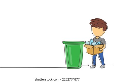 Continuous one line drawing boy gathering garbage and plastic waste for recycling. Kid picking up plastic bottles into garbage. Waste recycling for reuse. Single line draw design vector graphic