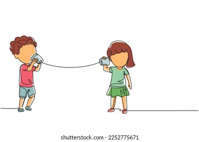 Continuous one line drawing boy and girl play toy phone. Two friends playing in phone with self made speech transmitting device, kids have fun speaking. Single line design vector graphic illustration