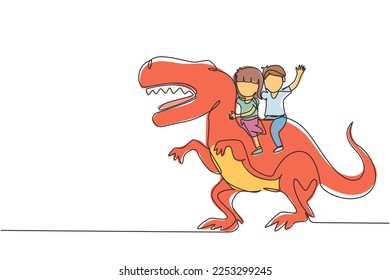 Continuous one line drawing boy and girl caveman riding t-rex tyrannosaurus together. Kids sitting on back of dinosaur. Stone age children. Ancient human life. Single line draw design vector graphic