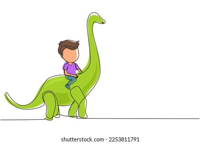 Continuous one line drawing boy caveman riding t-rex tyrannosaurus. Young kid sitting on back of dinosaur. Stone age children. Ancient human life. Single line draw design vector graphic illustration