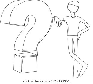 Continuous one line drawing boy and question mark. Frequently Asked Questions Concept. Single line draw design vector graphic illustration.