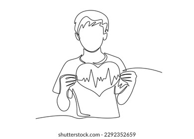 Continuous one line drawing boy holding pulse heart. World blood day concept. Single line draw design vector graphic illustration.
