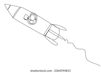 Kontinuierlicher Zeichner mit einer Linie, der auf einer Rakete fliegt und ein Buch liest. Lesen Sie Bücher überall. Das Buch inspiriert dazu, Wissenschaftler zu werden. Buchfestival. Vektorgrafik-Design für einzelne Linien