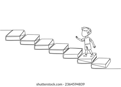 Continuous one line drawing boy climb stairs from books. Reading increases knowledge which can increase the dignity of a better life. Book festival concept. Single line draw design vector illustration