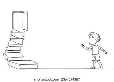 Continuous one line drawing boy climb the stairs from the book stack. Towards the wide open door. Metaphor of finding answers from books. Book festival. Single line draw design vector illustration