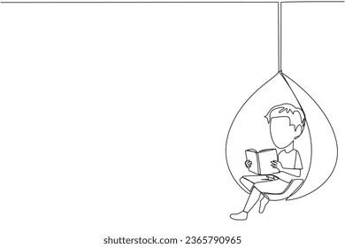 Continuous one line drawing boy sitting relaxed in a hanging chair reading a book. Spend the weekend reading favorite fiction story book. Love reading. Single line draw design vector illustration