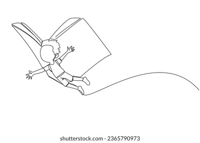 Continuous one line drawing boy flying with wings that come from an open big book. The metaphor carries over with the storyline. Constructive fantasy. Single line draw design vector illustration