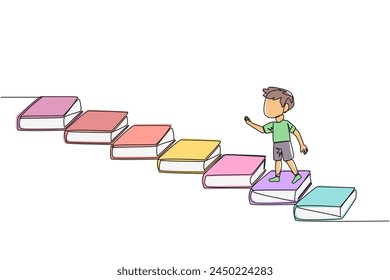 Continuous one line drawing boy climb stairs from books. Reading increases knowledge which can increase the dignity of a better life. Book festival concept. Single line draw design vector illustration