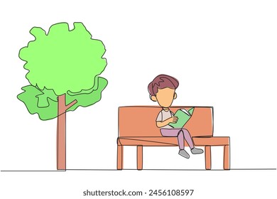 Continuous one line drawing boy sitting on school park bench reading book. Learn by rereading textbook. Read to get maximum marks. Reading increase insight. Single line draw design vector illustration