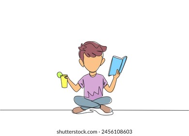 Continuous one line drawing boy sitting cross-legged reading book. Accompanied by glass of orange juice to make reading more interesting. Knowledge. Freshness. Single line design vector illustration