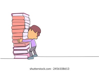 Continuous one line drawing boy hugging a very high pile of books. Hobby to collecting and reading books. Filling free time with useful things. Loving read. Single line draw design vector illustration